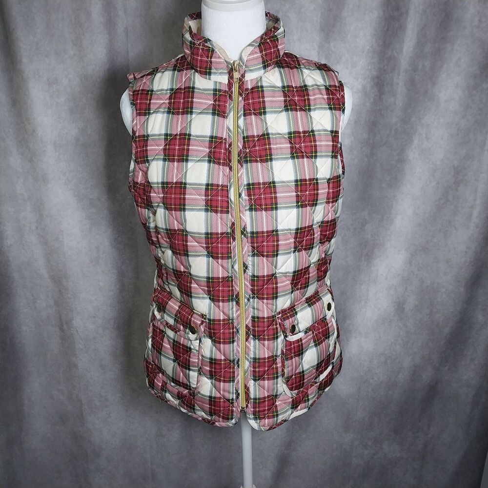 St. Johns Bay Womens Plaid Quilted Puffer Vest Sleeveless Full Zip Front Pockets